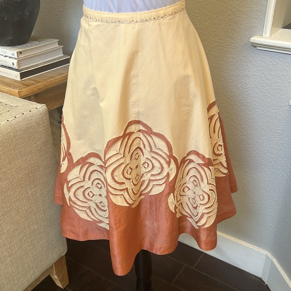 Anthropologie Odille Silk Floral Applique Sequin Full Midi Skirt Size 6 - Picture 3 of 5
